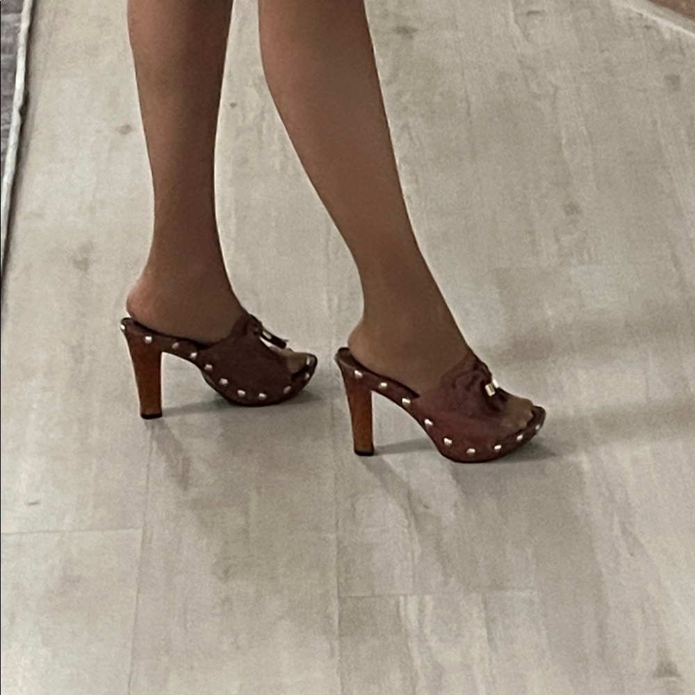Authentic Yves Saint Laurent Brown Leather Mules with Tassel and Stud Accents - Picture 9 of 9